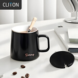 CLITON陶瓷马克杯大容量带勺盖咖啡杯牛奶杯早餐杯办公杯茶杯黑色350ml