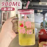 CORONATION【微波炉专用】耐热透明方形杯彩把高硼硅玻璃杯可电陶炉直烧简约 【粉】单杯900ML+盖+吸管