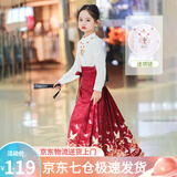 萝美酱2025新款马面裙女童过年服套装全套儿童汉服春秋小女孩中国风 鹤吟长袖上衣+酒红色马面裙+项链 120
