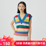 哥弟真的好（GIRDEAR）女装V领拼色提花宽松马甲背心纯羊毛针织衫女A301010 蓝彩条 M (3码)
