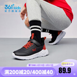 361°儿童运动鞋男童跑鞋中大童秋冬皮革轻便魔术贴女童休闲保暖运动鞋 【皮革】碳黑/能量红色 33