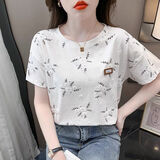 RGPX女士短袖t恤棉质2025最新款个性时尚宽松显瘦大码半袖正肩上衣ins 802#【叶子花朵】 L 【建议115-130斤】