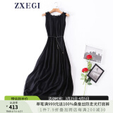 ZXEGI真丝女装100%桑蚕丝连衣裙夏季收腰中长款高档背心真丝裙子中长款 黑色 均码