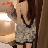 婷美冰丝睡衣女夏季少女纯欲吊带短裤家居服美背睡衣女水墨画两件套装