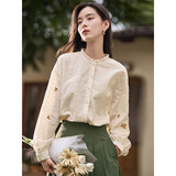 茵曼田园文艺绣花高级感衬衫秋季女通勤薄款上衣 淡香杏-18518197 L
