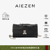 AIEZEN意大利设计师品牌鳄鱼纹链条小方包单肩链条牛皮包女款2025年送礼 曜石黑