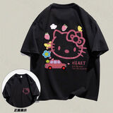 阿玛瑟100%纯棉爆款港风T恤女韩版卡通宽松情侣装简约百搭短袖男重磅T B1-37-黑 2XL