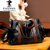 PLOVER羊皮女包2025新款潮欧美手提大包女大容量真皮软皮休闲单肩包通勤 黑色