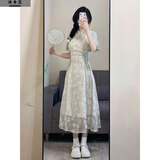 诗丹蕊新中式国风改良旗袍短袖连衣裙夏季撞色设计感收腰显瘦碎花长裙女 绿色连衣裙 均码 【可备注码数】