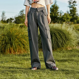 森马裤女美式纯色翻腰工装裤酷高街秋季纯棉阔腿裤甜酷炸街 深灰20901 27