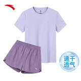 安踏速干套装丨运动短袖短裤两件套女夏季冰丝跑步吸湿透气羽毛球服