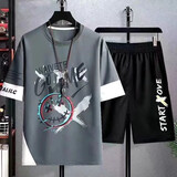 畅登短袖t恤男装夏季薄款休闲套装男潮流学生青少年一套衣服搭配短裤 灰色【W01】上衣+黑短裤 L