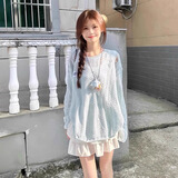 花语志罩衫夏季女轻薄针织衫纯欲上衣薄款外搭配裙子打底衫空调衫外套女 薄款长袖镂空罩衫【蓝色】 均码 【建议90-120】