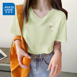 真维斯（JEANSWEST）v领t恤女2025夏季新款纯棉短袖女韩版潮流小个子宽松正肩短袖上衣 浅绿 花瓣小白兔_K S