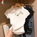 啄木鸟短袖t恤女2026夏季polo翻领上衣短款收腰修身休闲设计感 白色 L
