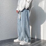 百鹊亭牛仔裤男2025春夏季美式高街宽松直筒休闲裤男潮牌阔腿长裤子男 浅蓝色 XL