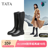 他她（TATA）黑色V口长筒靴女英伦加绒抗寒高筒靴骑士靴冬季G5JA1DG2 黑色（绒里） 37