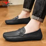 公牛世家男鞋春季新款男士英伦休闲皮鞋真皮软底透气豆豆鞋男一脚蹬驾车鞋 黑色 41 码数偏小