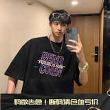 NEW OR MODE印花短袖T恤男夏季ins潮牌宽松圆领t恤休闲情侣体恤学生潮五分袖 黑色 XL