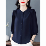 妙中意衬衫女夏季新款圆领气质薄款显瘦上衣纯色韩版大码妈妈女装遮肚子 藏青色 L 105-120斤