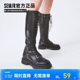Semir官方正品时装靴女靴春秋季新款潮流休闲高帮系带机车靴长筒靴女 黑色 35