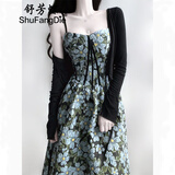 舒芳蝶（shufangdie）法式复古油画风碎花吊带连衣裙两件套装女夏小个子收腰高级感长裙 吊带裙+开衫【套装】 M