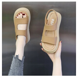 品牌断码红蜓蜻凉鞋女真皮2025新款夏季平底踩屎感罗马沙滩鞋女 卡其色 36