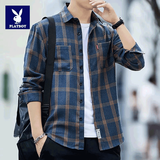 花花公子（PLAYBOY）长袖格子衬衫男宽松韩版夏季薄款工装衬衣男士休闲上衣服外套男装 CS99黄色 XL