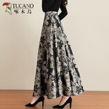啄木鸟夏季新款冰丝麻垂感有口袋薄款半身裙民族高腰a字长裙复古大摆裙 夏季黑白轻奢大花-有口袋【裙长9 L 建议110-125斤【裙长90厘米】