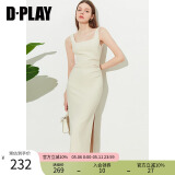 DPLAY2025夏季白色连衣裙方领修身长裙包臀裙度假吊带连衣裙 奶油杏-长款 S