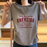 翎悦v领短袖t恤女纯棉2025夏季新款设计感时尚潮流修身上衣女装打底衫 灰色[New字母] XL