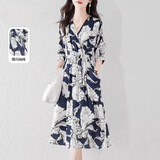 拉伦菲韵意式高端品牌 真丝连衣裙女2026夏季新款气质显瘦桑蚕丝印花长裙 藏青底花 4XL 【140-175斤】