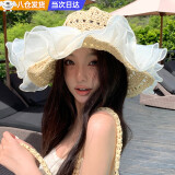 豪天保草帽女帽子女沙滩帽海边帽子女防晒帽太阳帽女遮全脸遮阳防晒帽子 蕾丝遮阳帽-米色 【加大帽檐，遮掩防晒】