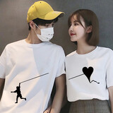 (两件装)love情侣装夏天短袖t恤新款爱心短袖一男一女韩版宽松百搭上衣学生班服定制 男白色+女白色 男M+女S
