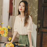 茵曼（INMAN）田园提花肌理春夏高档白衬衫女V领气质短袖上衣 淡香杏 M 