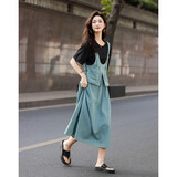 德玛纳【假两件玩转层次感】夏季圆领云朵棉牛仔拼接中长女针织连衣裙