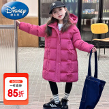 迪士尼（Disney）童装女童羽绒服冬季2023新款儿童外套白鸭绒中长款连帽衣服小女孩 侧开衩玫红【高品质棉服】 160 尺码13~14岁【150-160cm】