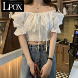 LPOX泡泡袖衬衫一字肩上衣女夏2025新款甜美短收腰小众设计感衬衫女款 白色 S _80-95斤