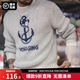 马登工装 美式复古针织船锚提花毛衣vintage套头圆领打底衫男春季 灰蓝色 L