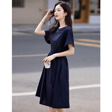 德玛纳【50支全棉府绸】夏季气质通勤圆领绑带拼接中长遮肉女式连衣裙