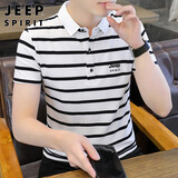 JEEP SPIRIT吉普短袖男夏季条纹t恤男士POLO打底衫商务上衣男 白/黑 L