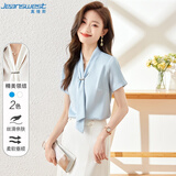 真维斯衬衫女夏季时尚雪纺百搭休闲短袖职业V领飘带上衣女蓝色2XL