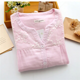祁姿春秋季纯棉纱布睡衣女士长袖全棉蕾丝甜美宽松夏季韩版家居服套装 粉色 M【建议95-110斤】