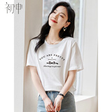 初申夏季短袖T恤女时尚圆领气质蝴蝶结字母案印花纯棉上衣S143T1710