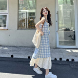 小野七天度假风新品假两件连衣裙女2025春夏季气质法式纯欲吊带背心裙 蓝色格子 S 建议85-100斤