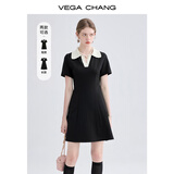VEGA CHANG高级感连衣裙女夏季小个子撞色POLO领英伦风收腰显瘦通勤小黑裙子 赫本黑 L