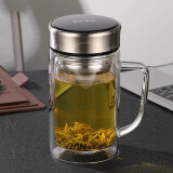 富光 大容量双层玻璃杯 带手柄商务男士办公杯 带盖茶杯 黑色 570ml