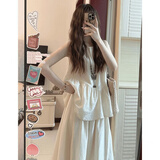 紫昕月中式两件圆领无袖背心长裙套装2025夏季新款气质休闲上衣裙子国潮 杏色【优质款】 M