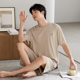洁丽雅男士睡衣夏季薄款莫代尔冰丝短袖短裤套装男休闲睡裤家居服可外穿 卡其色(简约款） 【凉感冰丝】 XL 【推荐体重约130-150斤】