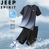 JEEP SPIRIT吉普套装男夏季T恤短裤两件套休闲大码运动男装 黑灰 XL